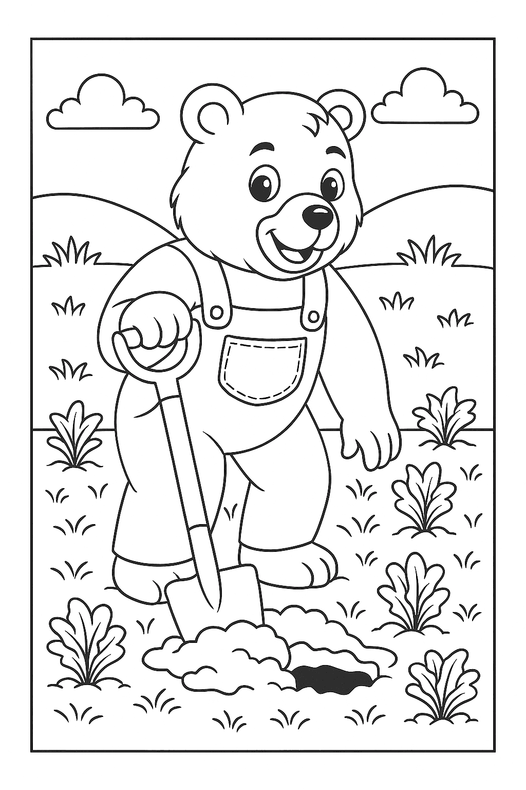 Bear digging up soil in a garden coloring page