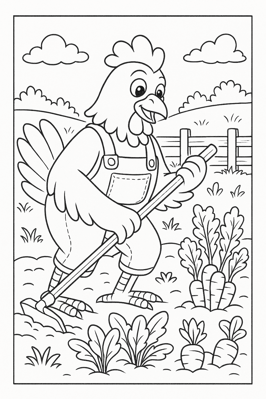 Chicken using a hoe in a garden coloring page