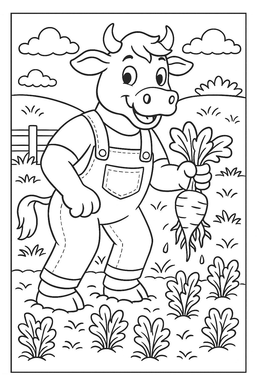 Cow harvesting vegetables in a garden coloring page