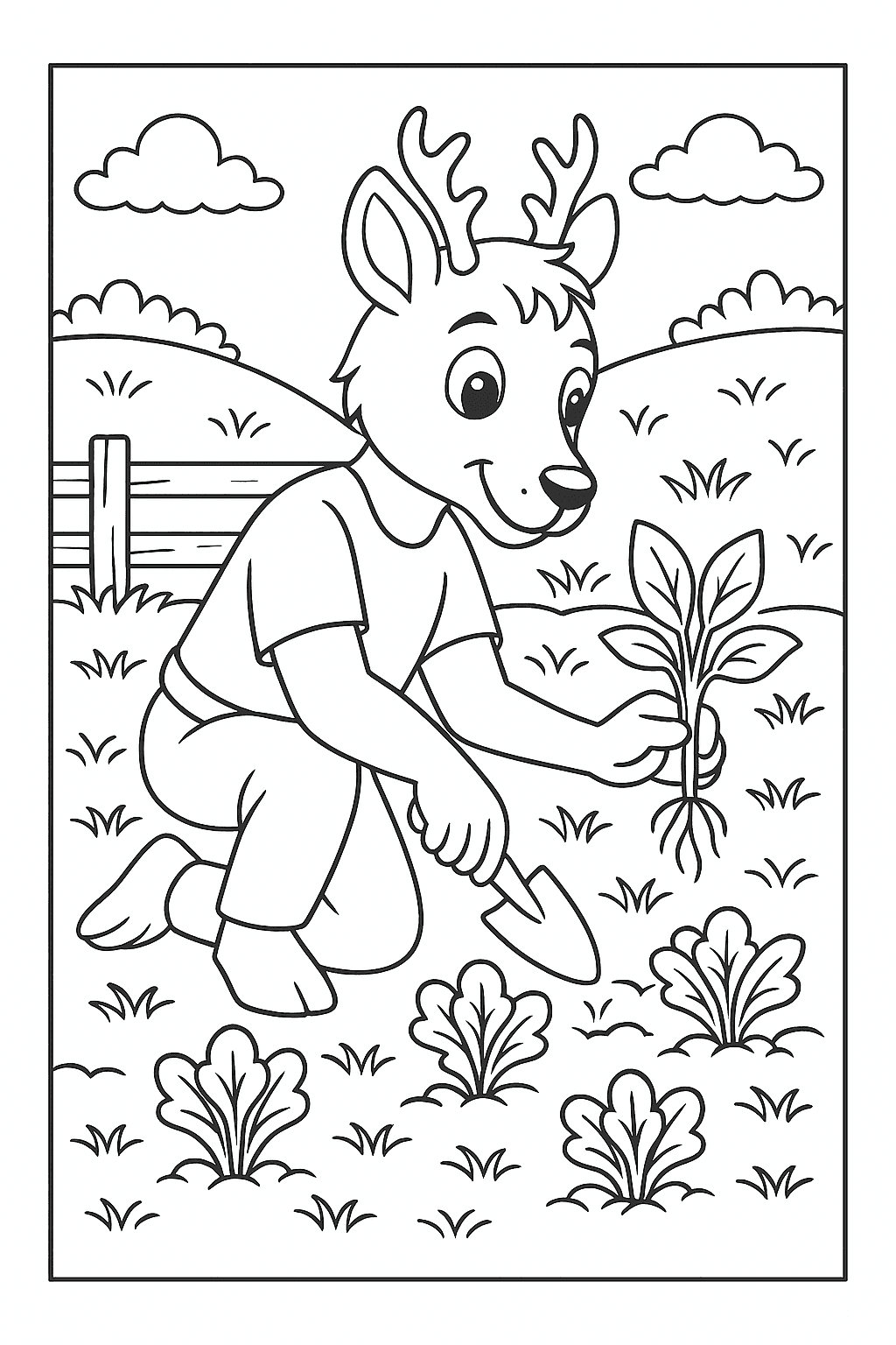 Deer planting seeds in a garden coloring page