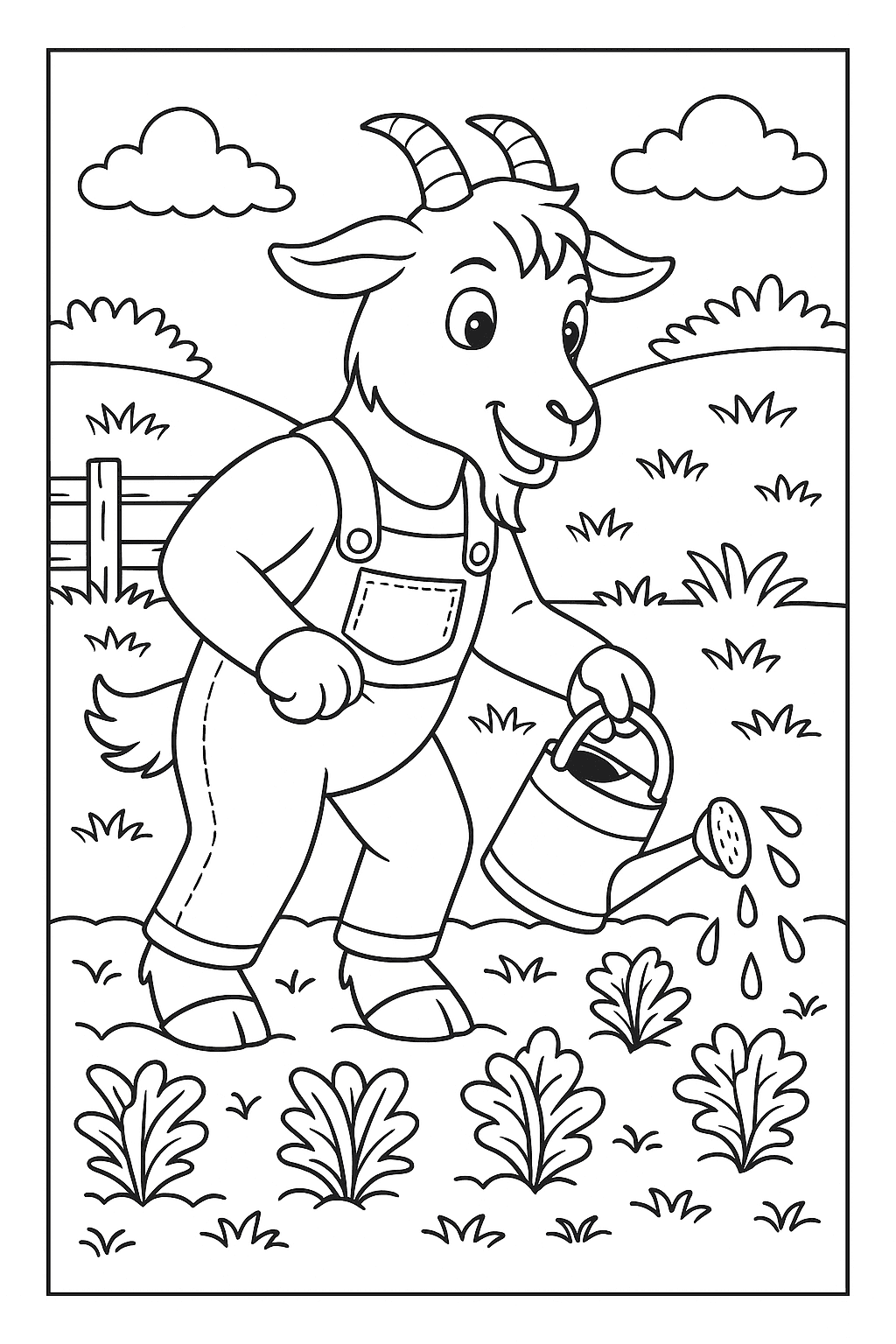 Goat watering plants in a garden coloring page
