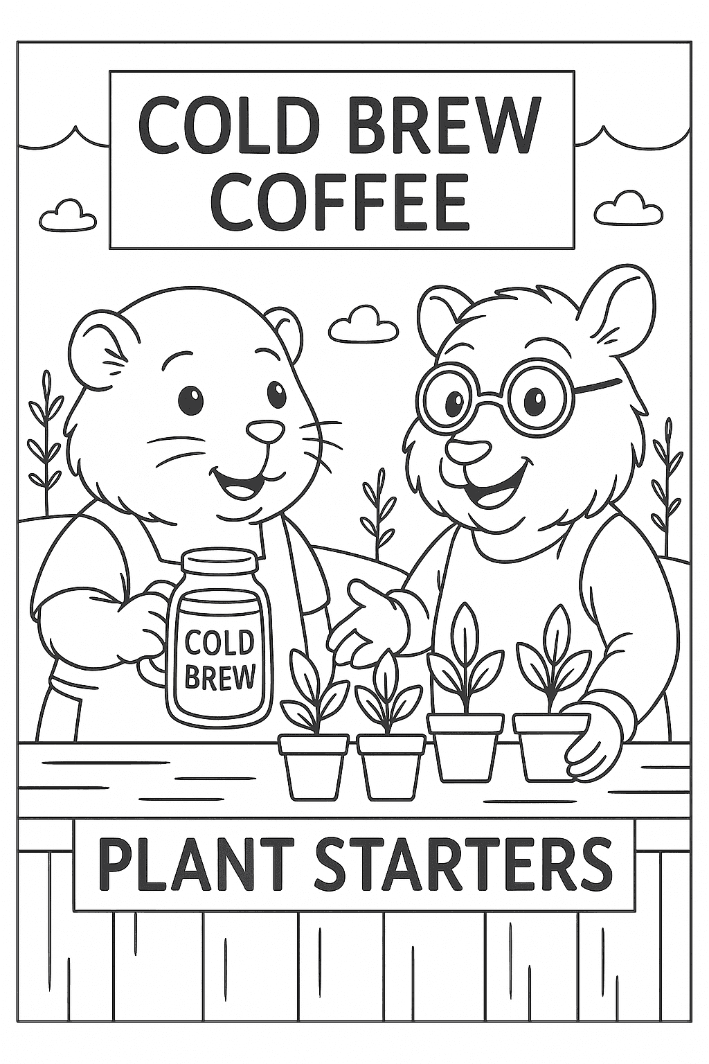Guinea pigs selling cold brew and plants coloring page